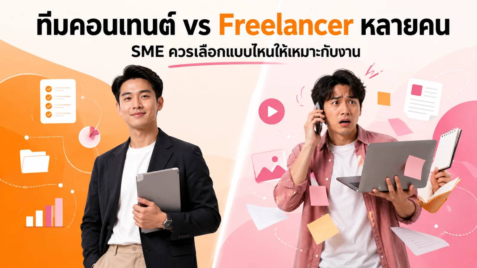 ภาพเปรียบเทียบเจ้าของธุรกิจ SME ที่ต้องประสาน Freelancer หลายคนกับการทำงานผ่านทีมคอนเทนต์เดียว