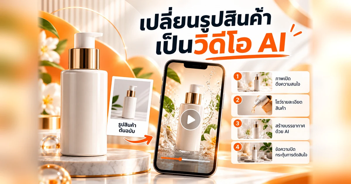 ภาพปกคู่มือการทำวิดีโอ AI จากรูปสินค้า แสดงขั้นตอนจากสินค้าไปสู่คลิปและสตอรีบอร์ด