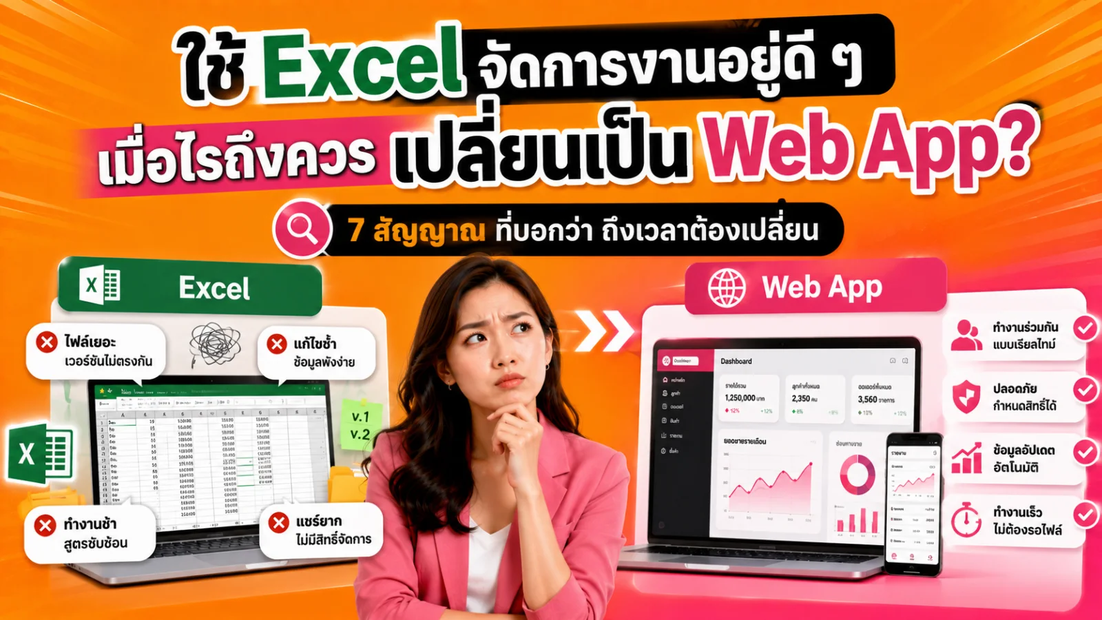 ภาพตารางข้อมูลแบบสเปรดชีตค่อย ๆ เชื่อมเข้าสู่หน้าจอ Web App ที่มีสถานะงาน ผู้ใช้ และขั้นตอนอนุมัติ