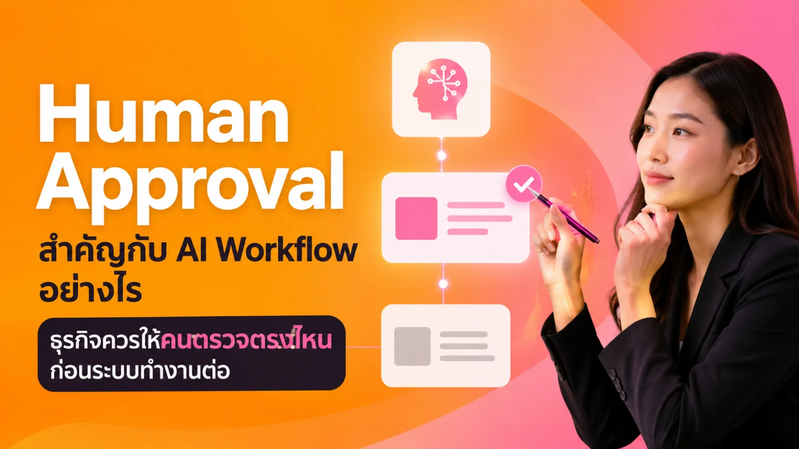 แผนผัง AI Workflow ที่มีจุด Human Approval ก่อนระบบทำขั้นตอนสำคัญต่อ