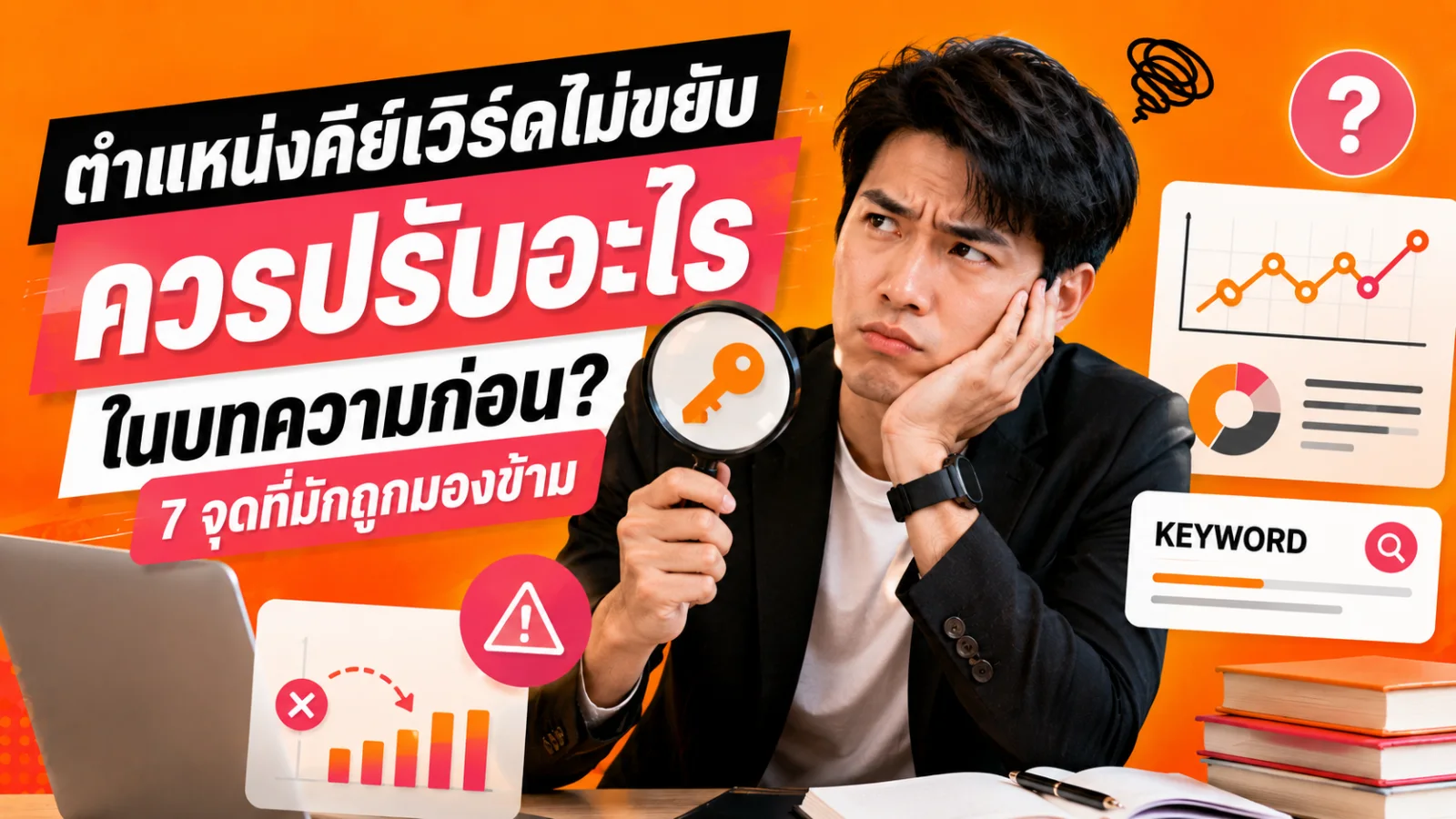 โต๊ะทำงานของทีมคอนเทนต์ที่กำลังตรวจเช็กลิสต์และบทความเพื่อหาจุดที่ควรปรับเมื่อคีย์เวิร์ดไม่ขยับ