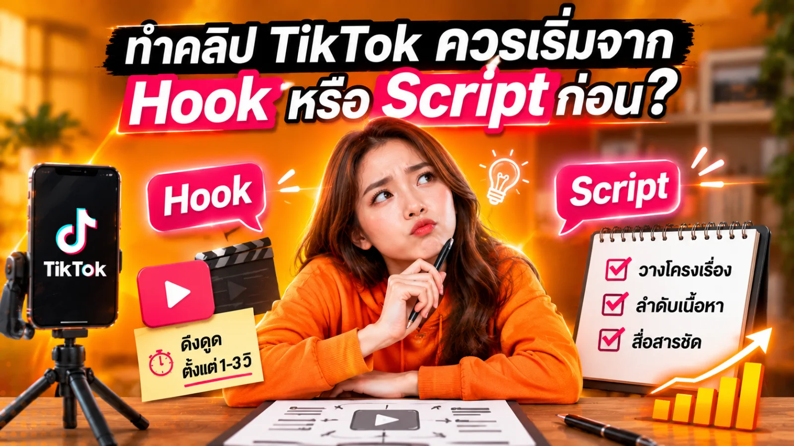ภาพแนวคิดการวาง Hook และ Script สำหรับคลิปสั้นธุรกิจ แสดงสมาร์ตโฟน ไทม์ไลน์วิดีโอ และการ์ดลำดับเนื้อหา