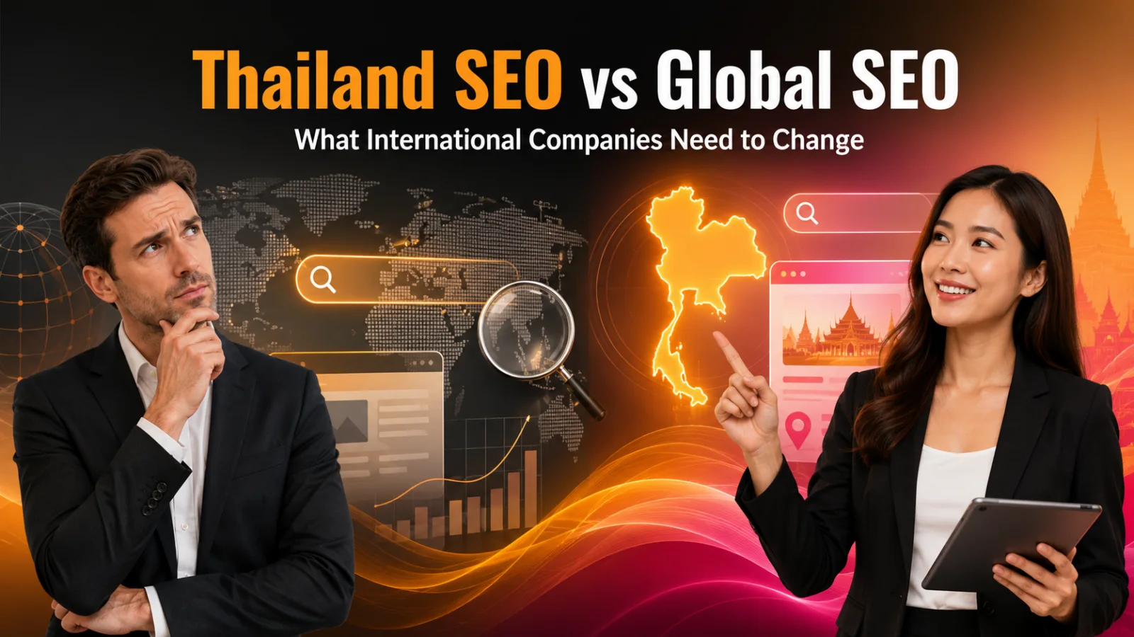 Thailand SEO vs Global SEO visual comparing global search strategy with Thailand-market localization, keyword intent and multilingual SEO.