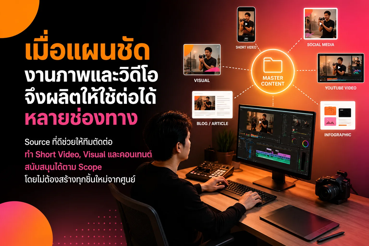 นักธุรกิจชายในออฟฟิศสมัยใหม่ ทบทวนแผนงานและรายการผลิตคอนเทนต์ก่อนลงมือทำ