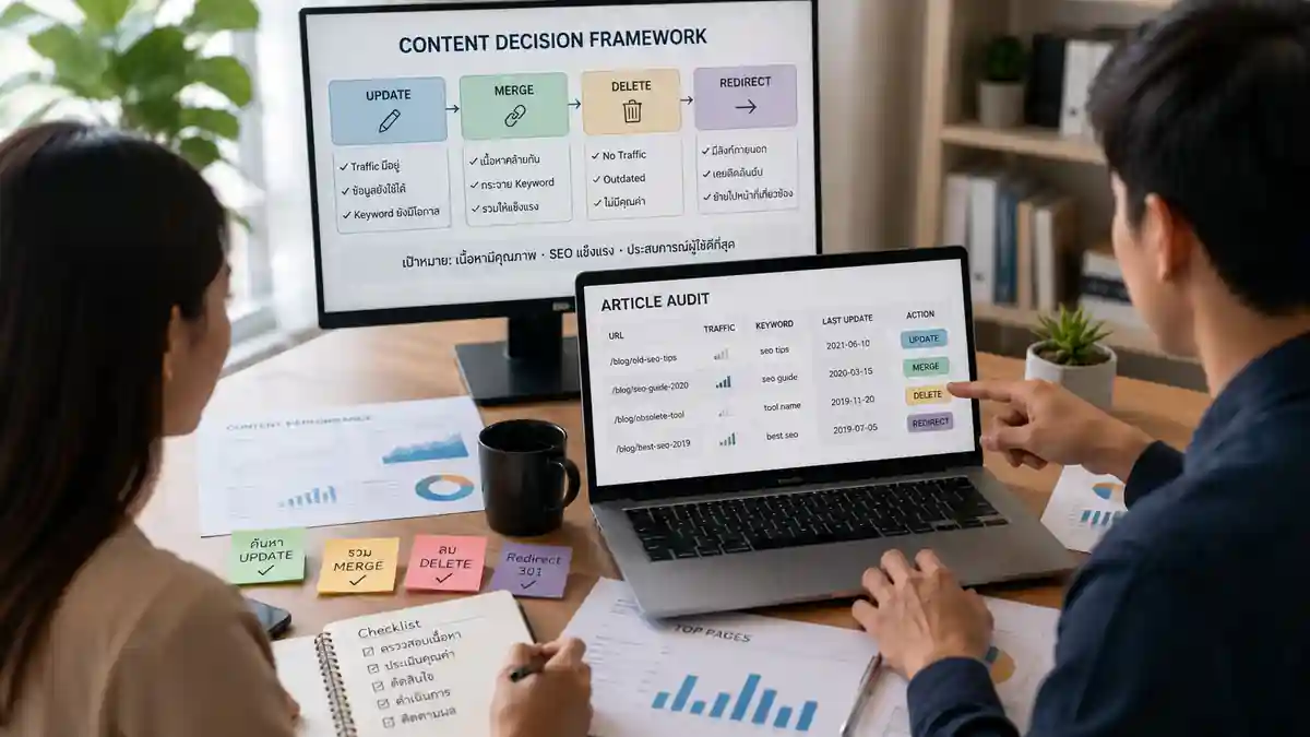 ทีมการตลาดกำลังทำ Content Audit SEO โดยตรวจ Traffic Keyword วันที่อัปเดต และทางเลือก Update Merge Delete หรือ Redirect