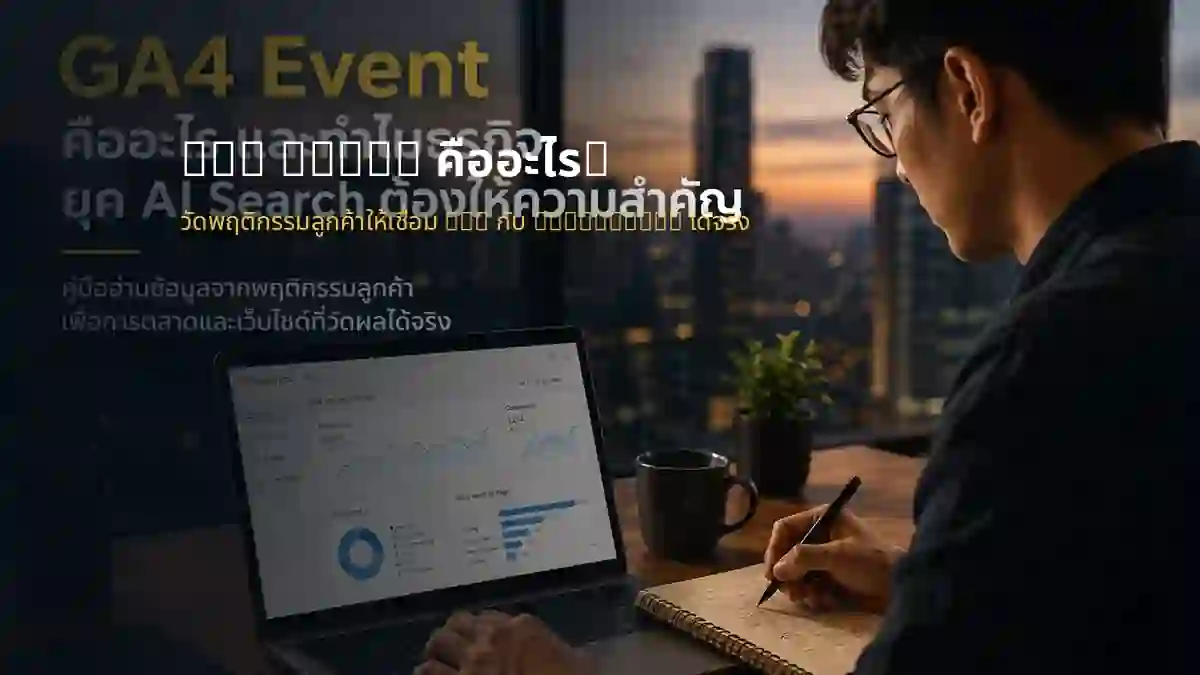 นักวิเคราะห์ธุรกิจกำลังตรวจ Dashboard Google Analytics เพื่อเชื่อม Event พฤติกรรมบนเว็บไซต์กับผลลัพธ์ด้าน SEO และ Conversion
