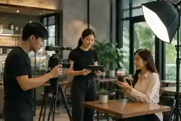 ทีมผลิตวิดีโอชาวไทยกำลังถ่ายทำคอนเทนต์ในสถานที่ธุรกิจ